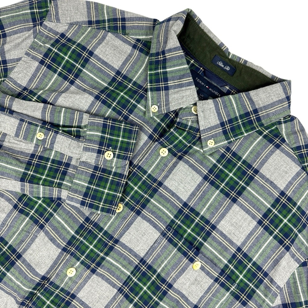 Tommy Hilfiger Mens Shirt Sz Large Slim Fit Button Down Plaid Tartan 100% Cotton